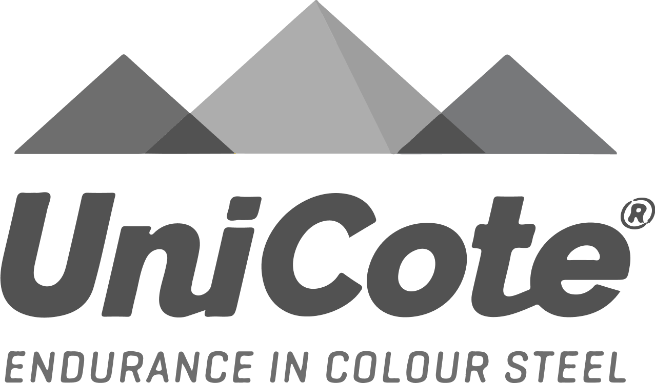 A black and white logo of UniCote: Endurance in Colour Steel.